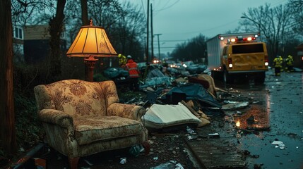 Upholstered chair and lamp amid debris, emergency vehicles.