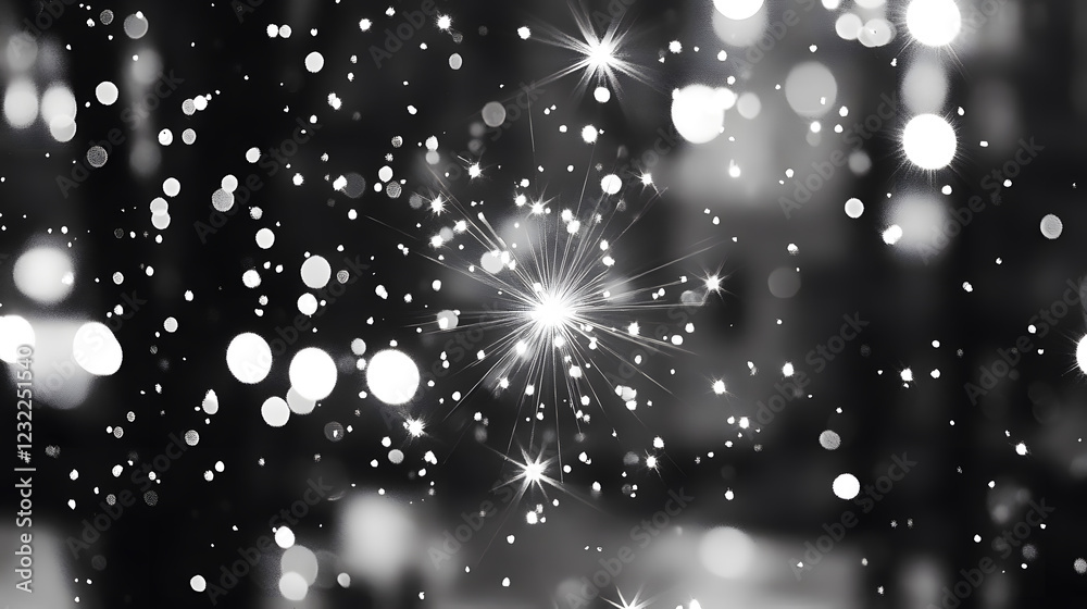 Poster A black and white image featuring sparkling particles and bokeh effects, creating a dreamy, ethereal atmosphere