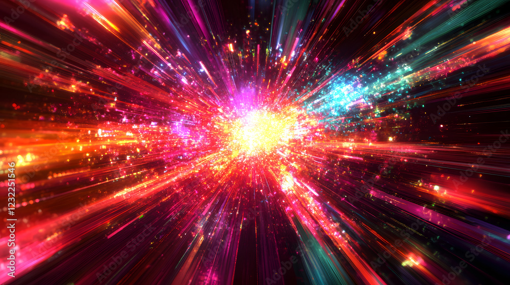 Poster A vibrant explosion of colors and light radiates outward, creating a dynamic and energetic visual effect reminiscent of cosmic phenomena