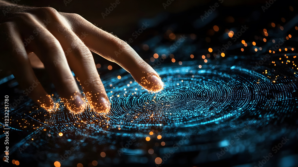 Aufkleber A hand touches a glowing digital interface, creating sparkling waves of light, symbolizing interaction with technology and data
