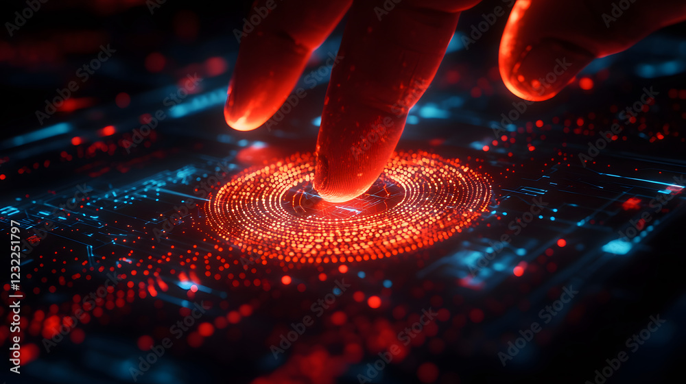 Aufkleber a close-up of a finger interacting with a glowing, digital interface featuring vibrant red and blue 