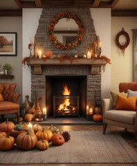 Obraz premium Cozy living room with Thanksgiving decorations and fireplace , cozy, fall decor