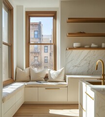 Sunlit kitchen window seat with built-in storage and marble backsplash.