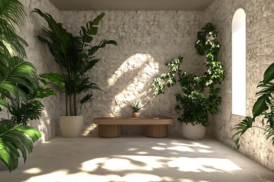 A 3D illustration of a room showcasing a plant functions as the interior background in a stock image.