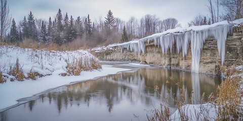 Obraz premium Winter wonderland frozen waterfall landscape serene nature scene photography seasonal icy river calm snowy trees reflection