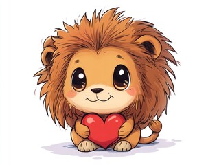 Fototapeta premium Cute lion cub holding heart, white background, Valentine's card (3)