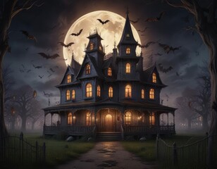 Creepy haunted house with ghost and bats on antique carnival flyer, graphic, text