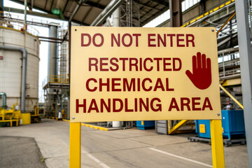 A warning sign indicating a restricted area for chemical handling, emphasizing safety and access limitations.