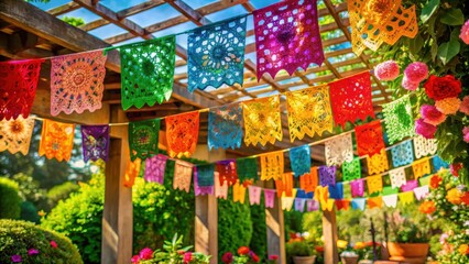 Fototapeta premium Colorful papel picado hanging from a patio arbor on a sunny Cinco De Mayo celebration with vibrant flowers and greenery, celebrations, festive atmosphere
