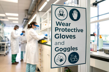 A sign instructs lab personnel to wear protective gloves and goggles, emphasizing safety in a laboratory environment.