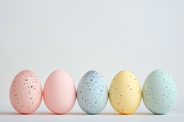 Pastel colored speckled Easter eggs arranged in a row against a clean white background for a minimalist look