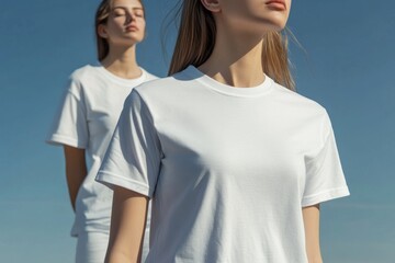 Fototapeta premium Minimalist White T-Shirt Mockup Two Women, Sunny Sky, Clean Aesthetic. Perfect for Fashion Branding Apparel Design.