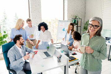 Group of diverse business professionals collaborating in a modern office workspace, multi-age