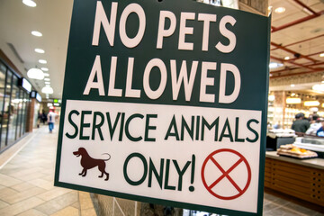 Sign indicating "No Pets Allowed," permitting only service animals, with a clear prohibition symbol.
