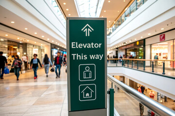 A directional sign for an elevator in a busy shopping mall, guiding visitors to the elevator's location.