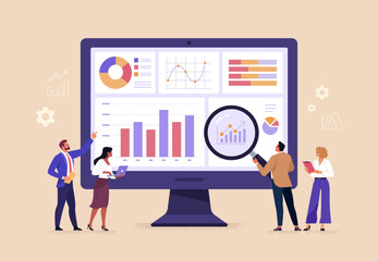 Business Data Analytics Concept. Vector illustration in flat style of a large monitor with tabs displaying graphs, chats, and a group of people looking at them. Isolated on background