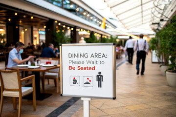 Obraz premium A sign directs patrons to the dining area, indicating they should wait to be seated, amidst a bustling restaurant environment.