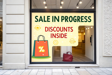 A retail window display promoting a sale, featuring bold text highlighting discounts and shopping bags, inviting customers to enter.