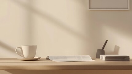 A minimalist office desk with financial reports, pastel beige backdrop.