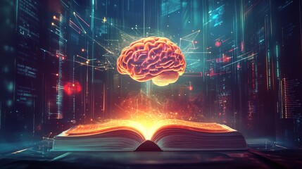Glowing book and floating brain concept with futuristic data icons