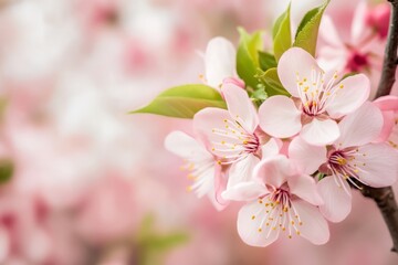 Fototapeta premium Delicate Pink Cherry Blossoms In Full Bloom, Creating A Soft And Romantic Spring Scene.