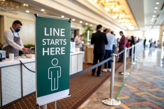 A sign indicating the start of a line in a bustling venue, with people waiting in line for an event or service.