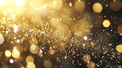 A dazzling effect of golden lights and sparkling particles in the air, creating an elegant and festive background suitable for Christmas or New Year advertisements and web design.