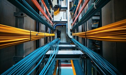 Colorful bundles of wires span through an industrial shaft.