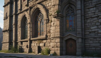 Obraz premium Donjon's exterior with stone façade and stained glass windows , window, stained glass