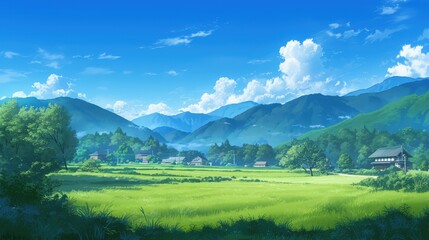 Fototapeta premium Serene Japanese Landscape with Lush Green Fields and Majestic Mountains Under a Clear Blue Sky, Ideal for Nature and Scenic Photography
