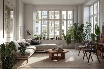 Sunlit living room with beige sofa, plants, and large windows.