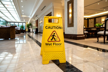 A bright yellow caution sign warns of a wet floor in a well-lit, elegant interior space, highlighting safety in public areas.