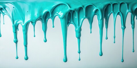 Naklejka premium Dripping Slime on White Background with Cyan Hue, liquid fall, gelatinous texture, dripping down, eerie atmosphere, pure color scheme
