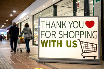 A cheerful sign expresses gratitude to shoppers, featuring a heart and a shopping cart, set in a bustling retail environment.