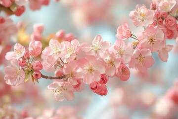 Obraz premium Bokeh background of light pink cherry blossoms in full bloom, petals floating gently against a soft blue sky, creating a serene and picturesque springtime scene.