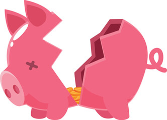 Broken piggy bank revealing few coins, symbolizing bankruptcy, financial crisis, economic hardship, and lack of savings