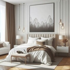 A modern bedroom interior design and decoration in a unique white color scheme, trending architecture in 2025