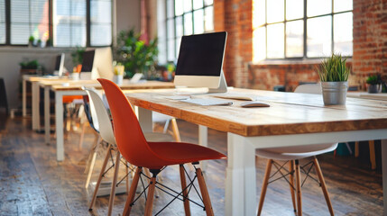 modern open plan office with wooden desks, colorful chairs, and potted plants, illuminated by natural light streaming through large industrial style windows, creating vibrant workspace