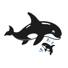 Orca Illustration Vector with Mother and Baby Whale