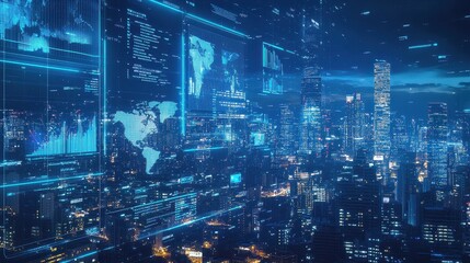 A futuristic city skyline with massive transparent screens showing AI-driven trade analytics, digital world maps, and financial flow charts.