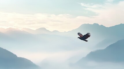 Fototapeta na wymiar A Majestic Griffin Teaching Fledgling How to Glide Through the Misty Mountains at Sunrise