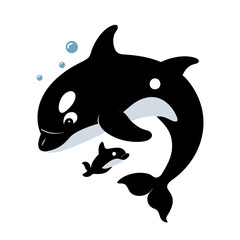 Orca Family Icon with Bubbles Vector Graphic