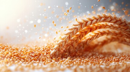 Golden wheat grains swirl into a dynamic tornado shape against a white background