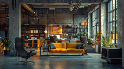 modern industrial style office space with vibrant yellow sofa, open shelving, large windows, and greenery, creating cozy yet professional atmosphere