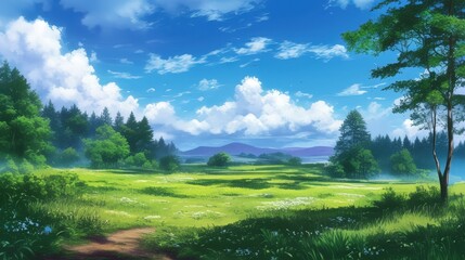 Obraz premium Serene Forest Landscape with Lush Green Leaves and Clear Blue Sky, Perfect for Anime Visual Novel Game Aesthetic or Nature Inspired Artwork