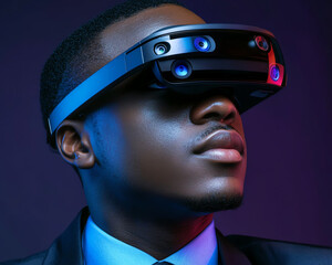 business professional using augmented reality glasses to interact with digital data, future of digital transformation in the workplace