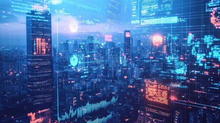 Fototapeta premium A futuristic city skyline with massive transparent screens showing AI-driven trade analytics, digital world maps, and financial flow charts.