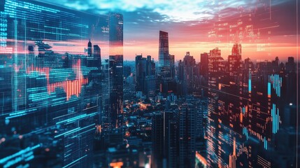 Fototapeta premium A futuristic city skyline with massive transparent screens showing AI-driven trade analytics, digital world maps, and financial flow charts.
