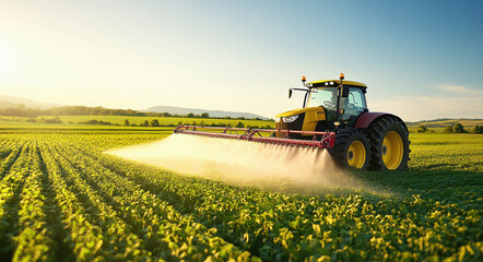Fototapeta premium A tractor spraying liquid in a round spray pattern on a green field