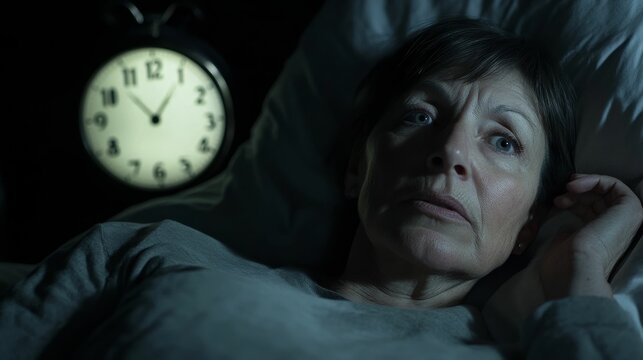 Stressed woman in bed looks at bedside clock.